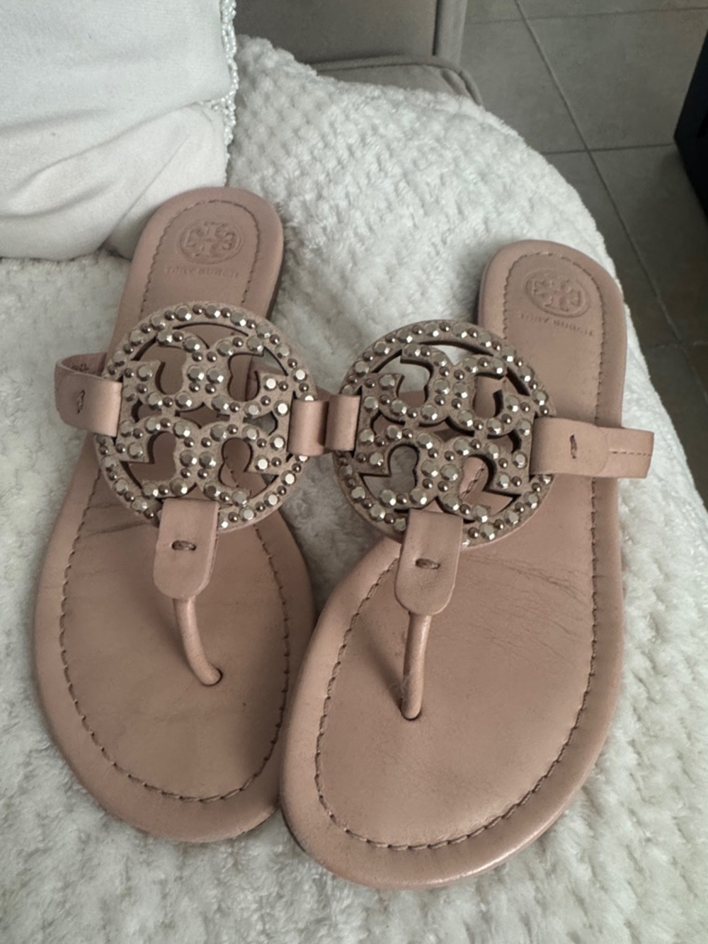 Tory Burch Blush Pink Logo Medallion Thong Sandals